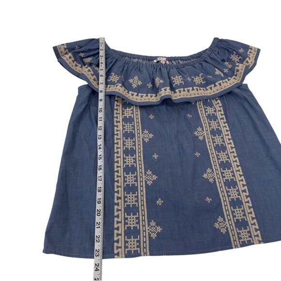 Joy Joy Womens Off-Shoulder Embroidered Chambray Blue Top Size Large 100% Cotton - Picture 7 of 10